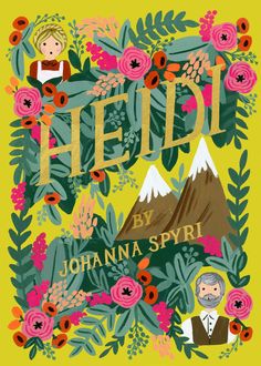 a book cover with flowers and people in the middle, on top of a yellow background