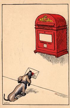 a drawing of a dog looking at a mailbox