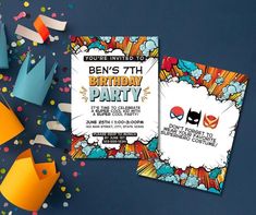 two birthday party flyers with confetti and streamers on the table next to them