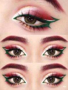 Red And Green Eye Makeup, Green And Red Makeup, Red And Green Eyeshadow, Red And Green Makeup, Holiday Eye Makeup, Xmas Makeup, Christmas Eye Makeup, Anime Eye Makeup