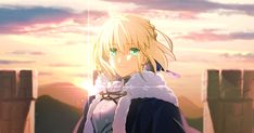 an anime character with blonde hair and green eyes standing in front of a sunset background