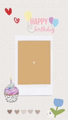 a birthday card with a cupcake and balloons