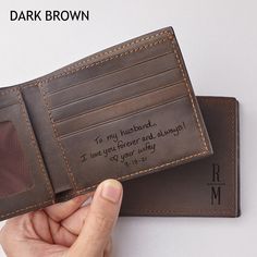 "Personalized with a name and a handwritten message of your choice, this wallet will be a perfect sentimental gift for your loved one. The message engraved on the inside could be up to 15 words. ► MORE ∙ P E R S O N A L I Z A T I O N Add more personal touch to your gifts with a Custom Aluminum Wallet Insert Card from this listing: https://etsy.me/3x6Jum5 The perfect gift combo that the recipient is sure to cherish for years to come. P R O D U C T ∙ I N F O * Material: Genuine cowhide leather * D Bifold Wallet For Father's Day Gift, Bifold Wallet As Father's Day Gift, Father's Day Gift Bifold Wallet, Father's Day Bifold Wallet Gift, Engraved Bifold Wallets For Gift, Engraved Bifold Wallet As Gift, Engraved Bifold Wallets As Gifts, Personalized Leather Trifold Wallet Gift, Vintage Black Trifold Wallet For Gifting