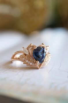 Blue sapphire engagement ring, nature inspired diamond ring / Adonis | Eden Garden Jewelry™ Sapphire Engagement Ring Gold, Engagement Ring Nature, Sapphire Engagement Ring Set, Nature Engagement Ring, Vintage Inspired Engagement Rings, Blue Sapphire Engagement Ring, Nature Inspired Rings, Sapphire Engagement Ring Blue, Diamond Bridal Sets