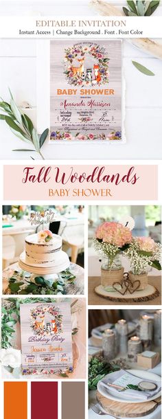 a collage of photos with flowers and greenery on them, including baby shower items