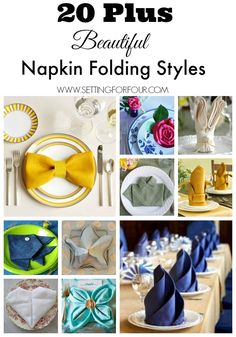 there are many different types of napkins on this table with the words 20 plus beautiful napkin folding styles