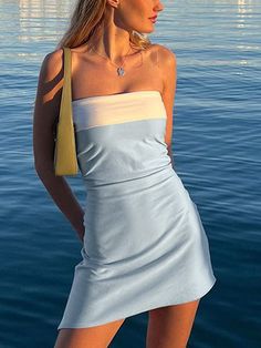 Satin Sky Blue Bodycon Dress – Juniper Light Blue Bodycon Dress, Blue Beach Dresses, Bandeau Mini Dress, Blue Bodycon, Blue Bodycon Dress, Light Blue Dresses, Mini Dresses Online, Dress Stores Online, Mini Robes