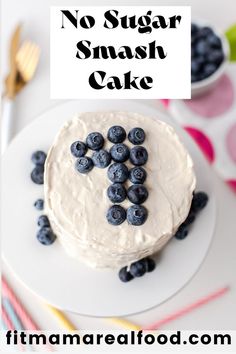 no sugar smash cake on a plate with blueberries