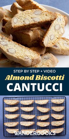 an image of almond biscotti on a plate with the title step by step video