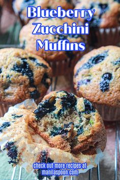 blueberry zucchini muffins on a cooling rack with text overlay