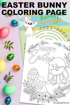 an easter bunny coloring page with eggs and flowers on the table, next to it