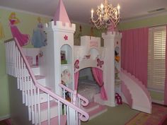 a princess castle bed with pink curtains and stairs