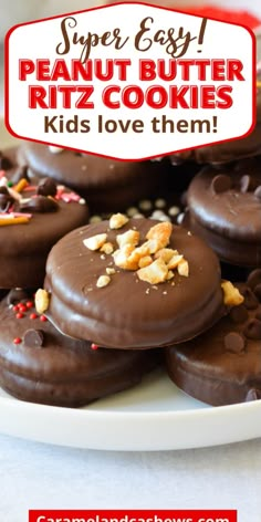 chocolate covered peanut butter ritz cookies on a white plate