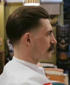 German Soldier Haircut, Corky Haircut, Ww1 Hairstyles, Short Slicked Back Hair Men, Chin Strap Beard Style, Gentlemans Cut, Slick Back Hair Men, Side Part Hairstyles Men, Mens Slicked Back Hairstyles