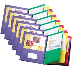 a set of five folders with different colored papers on top of each one,