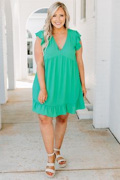 dress, v neck, short dress, ruffle hem, solid, jade, green, baby doll, loose, comfy, spring, summer, sleeveless Dress With Wedges, Adventure Dress, Everyday Look, The Cutest, Plus Size Outfits, Jade, Size 12, Wedges, Solid Color