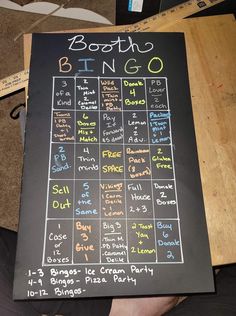 a chalk board with the words boosh, blingo and other things written on it