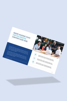 a blue and white brochure with an image of people sitting at a table