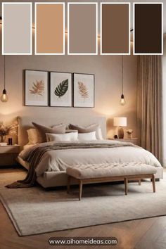 a bedroom is shown with neutrals and browns