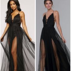 two pictures of women in black dresses and one is wearing a dress with high slits