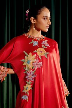 Red silk satin high low kimono kurta with floral bead and thread work embroidery. Paired with coordinating narrow pant. - Aza Fashions Red Silk Kaftan For Wedding, Red Wedding Kurta For Spring, Red Silk Kurta For Spring, Red Traditional Wear For Spring Festivals, Red Floral Embroidery Kaftan For Eid, Traditional Red Kaftan With Floral Embroidery, Red Floral Embroidered Kaftan For Festival, Festive Red Kaftan With Floral Embroidery, Designer Embroidered Red Kaftan