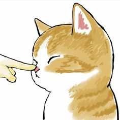 a drawing of a cat with its eyes closed and tongue out, being fed by someone's hand