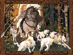 a woman riding on the back of a white horse next to dogs in a forest