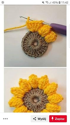 crochet sunflowers are shown in two different pictures, one is yellow and the other is brown