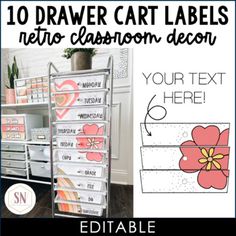 the 10 drawer cart labels are shown in different colors and sizes, with text overlaying