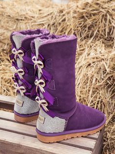 Purple Bling Boots, Ugg Boots With Bows, Ribbon Bow Tie, Uggs With Bows, Uggs Boots, Rhinestone Ribbon, Purple Boots, Boot Bling, Reindeer Headband