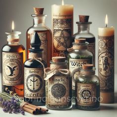 various bottles with candles and herbs in them