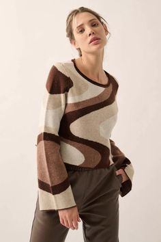 Abstract stripe-pattern knit sweater.Round neckline.Rolled collar.Long bell sleeves.Natural waist length.Relaxed fit.64% Acrylic, 26% Polyester, 10% Nylon.Imported. Designed in LA.Model wears size S. Rolled Collar, Bell Sleeve Sweater, Pattern Sweater, Brown Sweater, New Wave, Flared Sleeves, Cold Day, S Models, Stripes Pattern