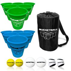 four buckets and six balls in front of a black bag