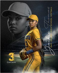 a woman in a baseball uniform holding a catchers mitt