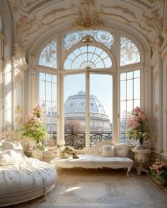 an ornate bedroom with white furniture and large windows overlooking the surrounding area is furnished with pink flowers