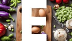 the letter f is surrounded by vegetables and eggs