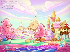 an image of a cartoon scene with pink trees and buildings in the background, as well as clouds