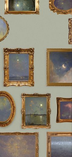 many paintings are hanging on the wall with gold frames around them, and there is a full moon in the sky