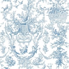 a blue and white wallpaper with birds, flowers, and other things on it