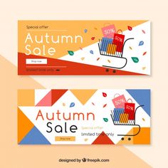 two colorful autumn sale banners with shopping carts