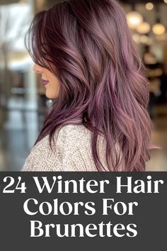 Looking to switch up your look this winter season? Elevate your style with these stunning winter hair color ideas for brunettes! From rich chocolate tones to icy balayage highlights, there's a shade for every brunette beauty out there. Stay on-trend and slay the winter vibes with a gorgeous new hue that will have you feeling fabulous all season long. Say goodbye to dull hair days and hello to a fresh, winter-ready hairstyle that will turn heads wherever you go. Long Hair Winter Color, Hair Colors For The Winter, Winter Hair Color Purple, Brunette Hair With Plum Highlights, Brunette And Burgundy Hair, Winter Hair For Brunettes Color Trends, Cool Tone Fall Hair, Fall Hair 2024 Brunette, Cool Hair Tones Brunettes