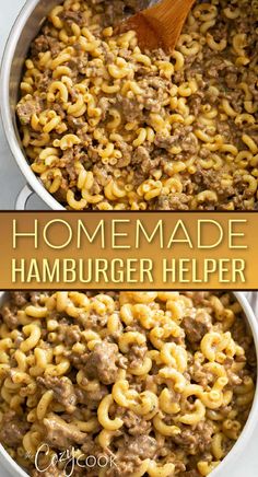 homemade hamburger helper recipe in a pan with a wooden spoon and title above it