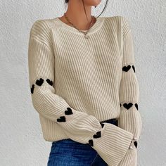 Emilia Heart Detail Knit Sweater Flare Sleeve Sweater, Kimono Outerwear, Cami Shirt, Flared Sleeves Top, Sweater Autumn, Jacquard Sweater, Women Sweater, Heart Pattern, Bra And Panty Sets