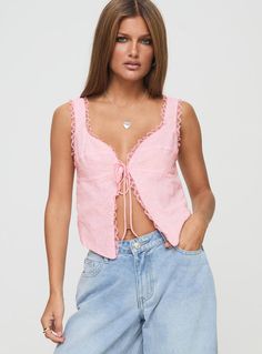 Merrelle Top Pink Spring V-neck Tie Back Tank Top, Cotton Eyelet V-neck Top, Spring V-neck Top With Tie Straps, V-neck Top With Tie Straps For Spring, V-neck Tops With Tie Straps For Spring, Summer V-neck Eyelet Top, Summer V-neck Top With Broderie Anglaise, Sleeveless Eyelet Top For Spring, Summer V-neck Top With Eyelet Detail