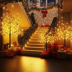 christmas decorations and presents are on the floor in front of a staircase decorated with lights