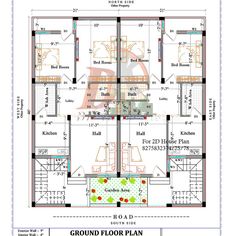 the ground plan for a three bedroom house with floor plans and elevation details in india