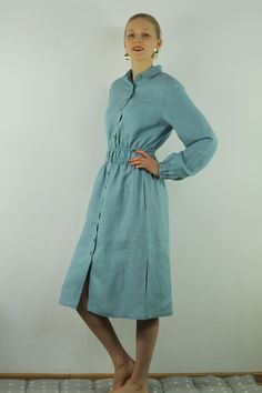 "Write the selected color in the message Linen women dress, summer dress. Button front, elastic waistdeep sea blue linen dress with long sleeves and 2 pockets, perfect for casual wear and suitable for any occasion in any season Details: - 100% natural linen produced in Europe ; - medium weight (180 gram per square meter); - color: ocean wave, could be any from our colors catalog (color samples at the photo); Made to order, approximately a few days, If you have any questions please message me and Solid Long Sleeve Linen Dress For Beach, Long Sleeve Solid Linen Dress For Beach, Long Sleeve Solid Linen Beach Dress, Blue Linen Long Sleeve Midi Dress, Linen Midi Dress With Long Sleeves And Buttons, Long Sleeve Linen Midi Dress With Buttons, Linen Midi Dress With Buttons And Long Sleeves, Blue Long Sleeve Linen Midi Dress, Casual Linen Long Sleeve Dress With Button Closure