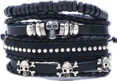 Skull 2 Multilayer Bracelet Set - Silverado Outpost Black Punk Leather Bracelet Fashion Accessory, Black Punk Style Leather Bracelet, Metal Rocker Style Bracelet For Festivals, Black Skull Punk Bracelets, Edgy Metal Skull Bracelets, Punk Black Skull Bracelets, Edgy Skull Metal Bracelets, Edgy Skull-shaped Metal Bracelets, Edgy Black Band Bracelets