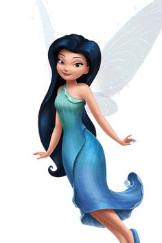 a cartoon fairy with long black hair and blue dress