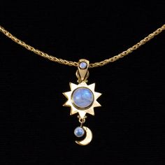 This gold sun and moon necklace is handcrafted in 18K Gold Vermeil with a large Rainbow Moonstone set within a radiant sun, symbolizing vitality, energy, and life.  Dangling below, a smaller Moonstone is elegantly cradled in a crescent moon, representing feminine energy, emotions, and feelings. Another Moonstone graces the bail, adding an extra touch of ethereal beauty. Together, the sun and moon bring a harmonious balance, infusing your life with a touch of celestial magic. Rainbow Moonstones, known for their mystical properties, emit a captivating glow that enhances your intuition, provides protection, and attracts love. Whether worn daily or on special occasions, this celestial necklace is a talisman that will illuminate your style and spirit with its timeless elegance. The gold sun and Magic Rainbow, Moon Rainbow, Celestial Magic, Rainbow Moonstone Jewelry, Sun And Moon Necklace, Ring Bracelet Chain, Celestial Necklace, Gold Sun, Moon Jewelry